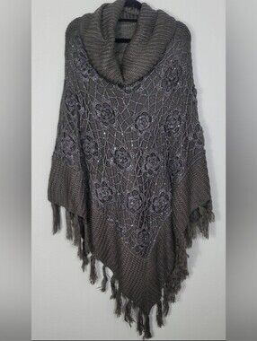 Vintage Crochet Knit Poncho Sweater Gray Cowl Neck OS